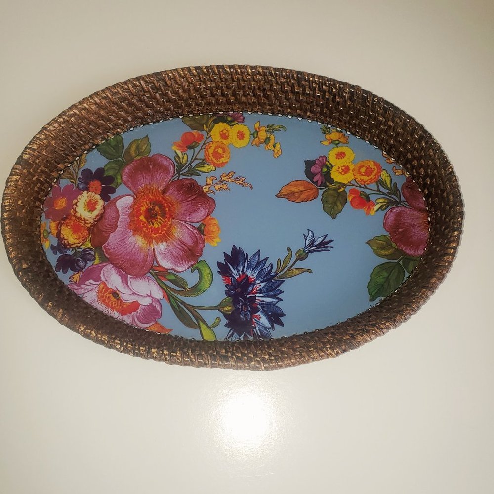Sm. Mackenzie-Childs Blue Flower Market Rattan Tray